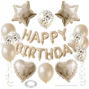 27 Pcs Champagne Gold Birthday Decorations, 3D Letters Champagne Gold Happy Birthday Balloon Banner, Pentagram Heart Foil Balloons Confetti Balloons Kit For Boys Girls Party Supplies