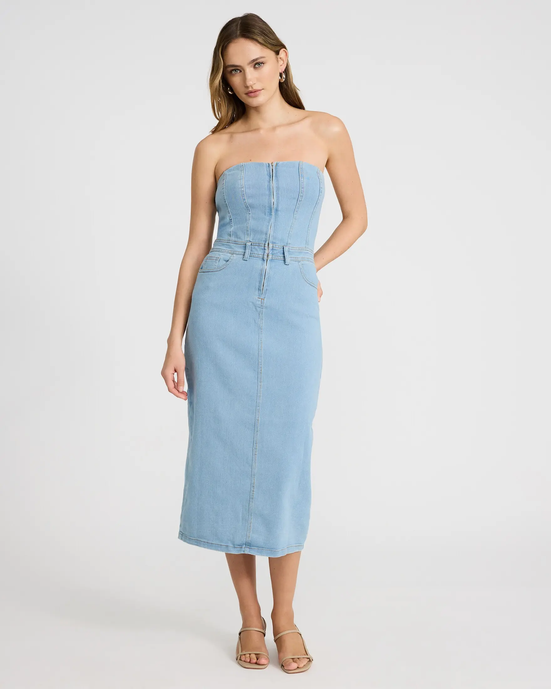 Express Stretch Denim Strapless Zip Front Smocked Midi Dress with Pockets - TikTok Shop Express Stretch Denim Strapless Zip Front Smocked Midi Dress with Pockets - TikTok Shop