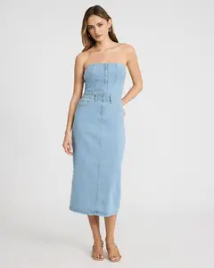 Express Stretch Denim Strapless Zip Front Smocked Back Midi Dress