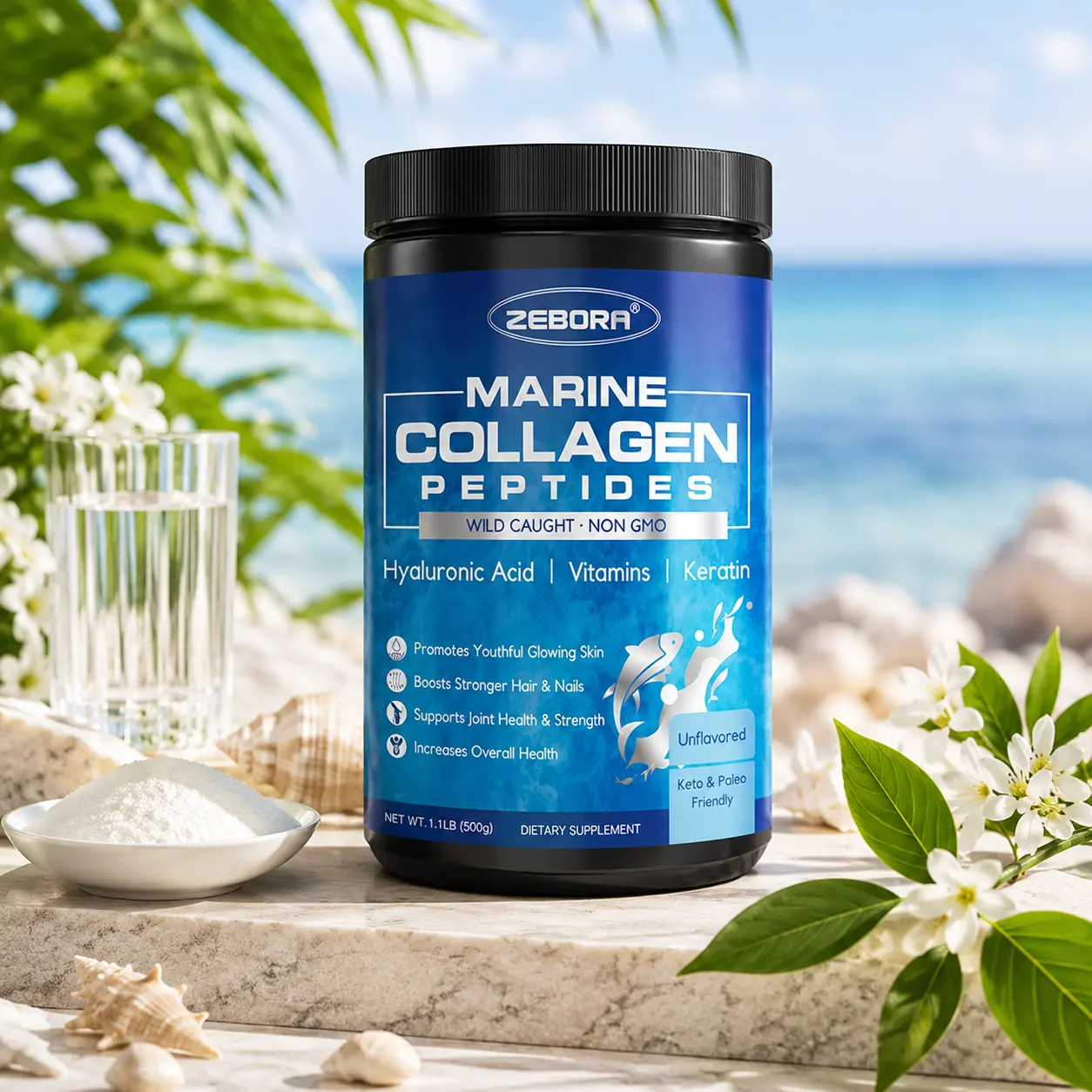 Marine Collagen Peptides Powder for Women, Wild-Caught Hydrolyzed Fish Collagen with Hyaluronic Acid, Keratin & Multivitamins, Supports Skin, Hair & Nails, Keto-Friendly, 50 Servings