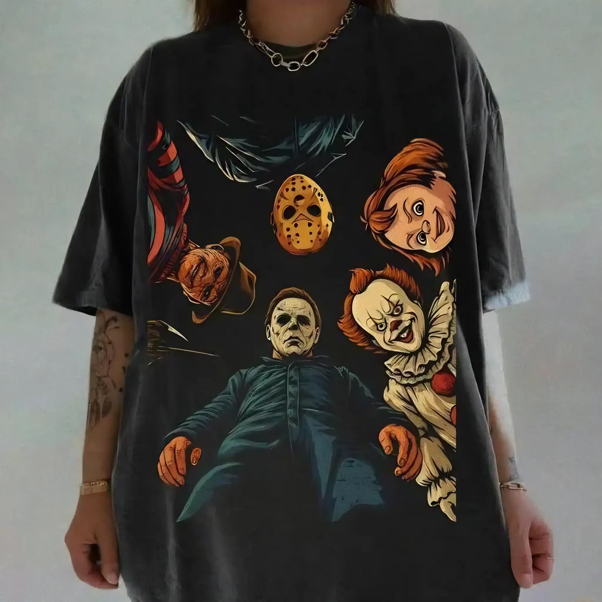 Men's Retro Halloween Characters Top - Lightweight Smooth Fabric T-Shirt, Vintage Spooky Season Slim Fit Shirt