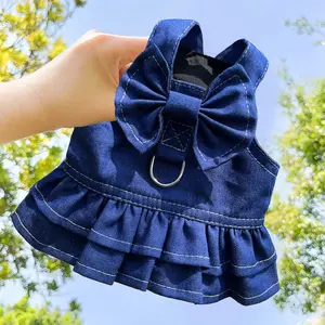 Cute Denim Dog & Cat Vest Harness Dress, No-Pull Adjustable Design with Bow Detail, Soft Breathable Outfit with Leash Attachment, Light Denim Style for Small-Medium Pets, Summer-Ready Accessory,pet Outfit gift ideas