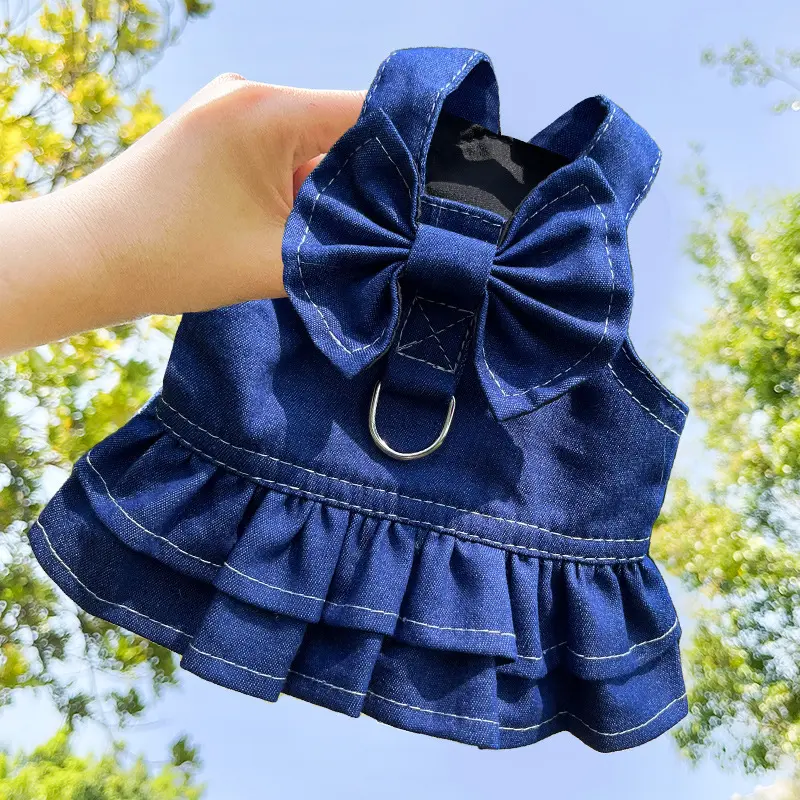 Cute Denim Dog & Cat Vest Harness Dress - Puppy Harness, No-Pull Adjustable, Bow Detail, Soft Breathable, Leash Attachment, Light Denim for Small-Medium Pets, Summer Accessory Gift Idea, Collars & Harnesses