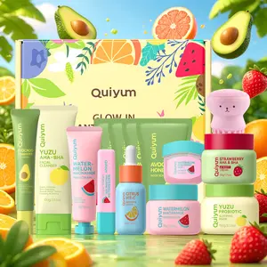 Quiyum Fruit Skincare Set, Includes Cleaner, Cream, Mask, Hand Balm, Lip Balm, Eye Cream, Exfoliator, Serum, Octopus Brush, Gift Box