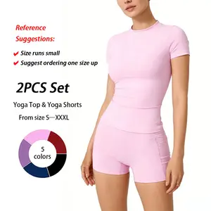 Women's Solid Ribbed Crop T-Shirt & High-Waisted Shorts Set Slim Fit Stretchy Quick-Dry Fabric for Yoga Gym Workouts Running & Casual Activewear Ideal Fitness Outfit for All Seasons