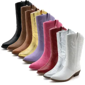 Women’s Western cowboy mid-calf boots — vintage cowgirl boots with embroidered PU leather, pointed toe, wide calf, low chunky heel, pull-on design — classic retro fashion for fall/winter 2025, suitable as casual dress shoes/footwear