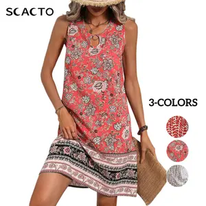 Scacto Women's Asian Bohemian Casual Vintage Print Sleeveless Round Neck Short Summer Dress - Comfortable Polyester Woven Fabric, Women's Asian Clothes, Casual Skirt