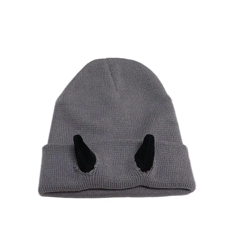 Gray hat with black horns