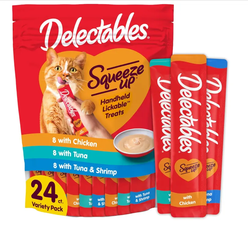 Squeeze Up Variety Pack, Creamy Squeezable Puree, Lickable Wet Cat Treats, Grain Free, No Added Fillers, No By-Products, No Added Preservatives, 0.5 Ounces Tube, 24 Tubes Total