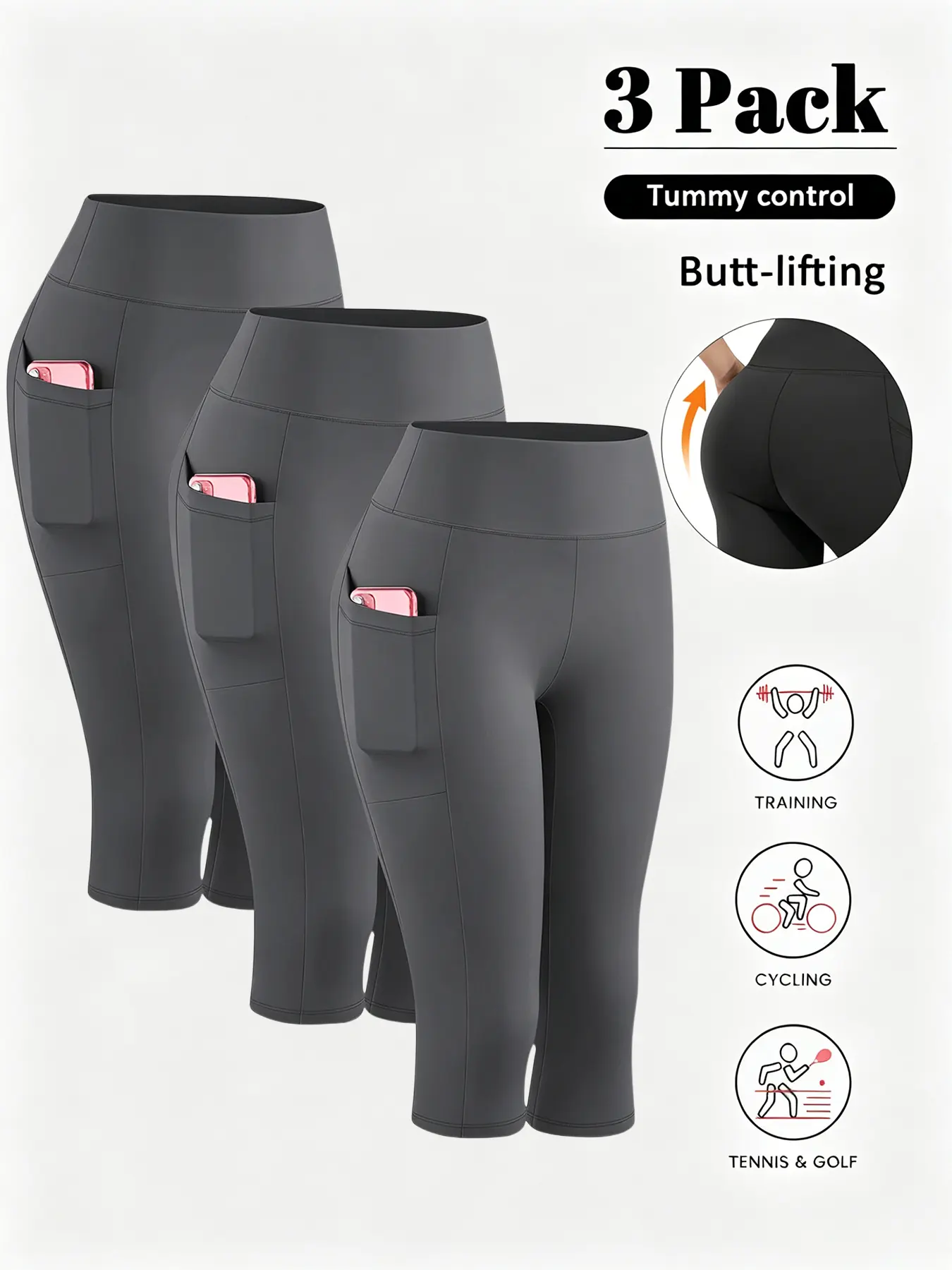 Women's Plus Size High Waist Capri Leggings 3-Pack - All-Season, 4-Way Stretch, Soft, Breathable, Non-Binding