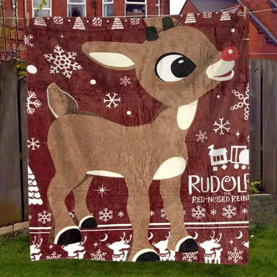 Rudolph Christmas Deer Knit Polyester Flannel Bedding Blanket - 200-250g Lightweight, Digital Print, Festive Holiday Design, Machine Washable, Modern Animals Themed Home Decor Accessory