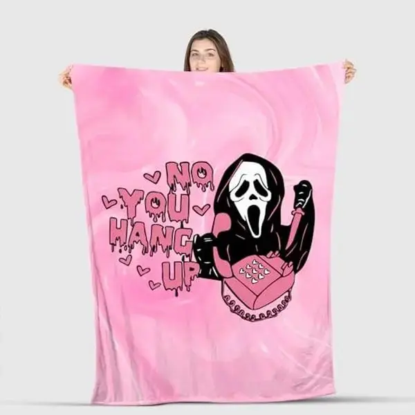 Pink Ghostface Ghost Print "No You Hang Up" Flannel Fabric Throw Blanket - Soft, Stain-Resistant, Multi-Purpose Couch Blanket, Scream Movie Pastel Halloween Decor Gift for Girls, Spooky Theme