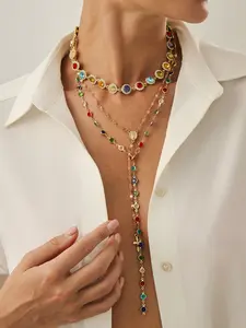 Spring Summer Boho Style Multi-Layer Necklace Set, Vintage Cross Pendant & Rainbow Beads, Holiday Atmosphere Accessory, Layered Necklaces