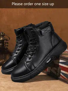 Men's Fashion Solid Color Lace up Ankle Boots, Casual Outdoor Climbing Lightweight Hiking Boots, Letter Patch Decor Zip Front Combat Boots for Work & Daily Wear