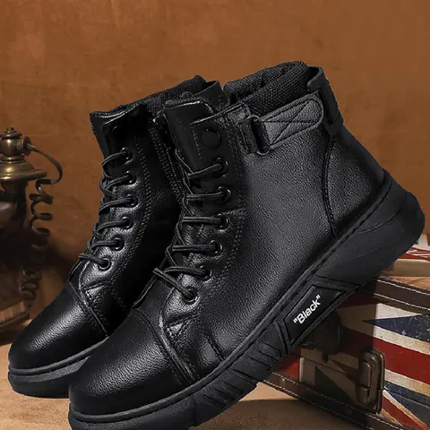 Men's Fashion Solid Color Lace up Ankle Boots, Casual Outdoor Climbing Lightweight Hiking Boots, Letter Patch Decor Zip Front Combat Boots for Work & Daily Wear