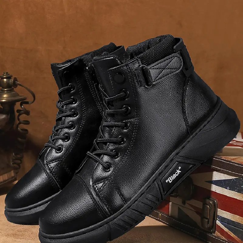 Men's Fashion Solid Color Lace up Ankle Boots, Casual Outdoor Climbing Lightweight Hiking Boots, Letter Patch Decor Zip Front Combat Boots for Work & Daily Wear