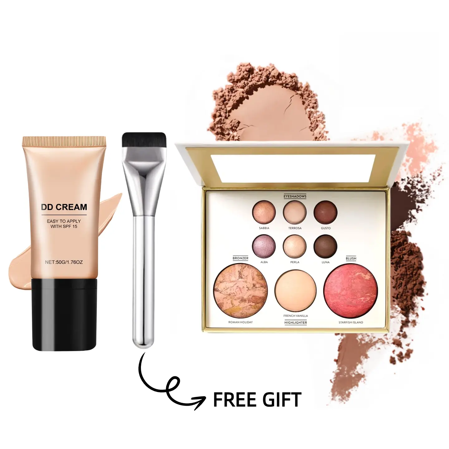 Limited Edition Golden Ivory White Full Face Cosmetic Set - Eyeshadow, Shimmer, Foundation, Blush, Cream, Lightweight Compact Sun Protection Formula, Brushes - Beginner-Friendly Beauty Product for Daily Airbrushed Flawless Skin Blend