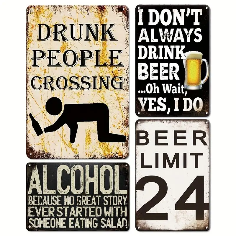 4pcs Funny Drunk Man Vintage Metal Tin Signs, 12x8in Retro Wall Art, Farmhouse Home Decor Gift for Beer Lovers, Ideal for Man Cave, Garage Bar