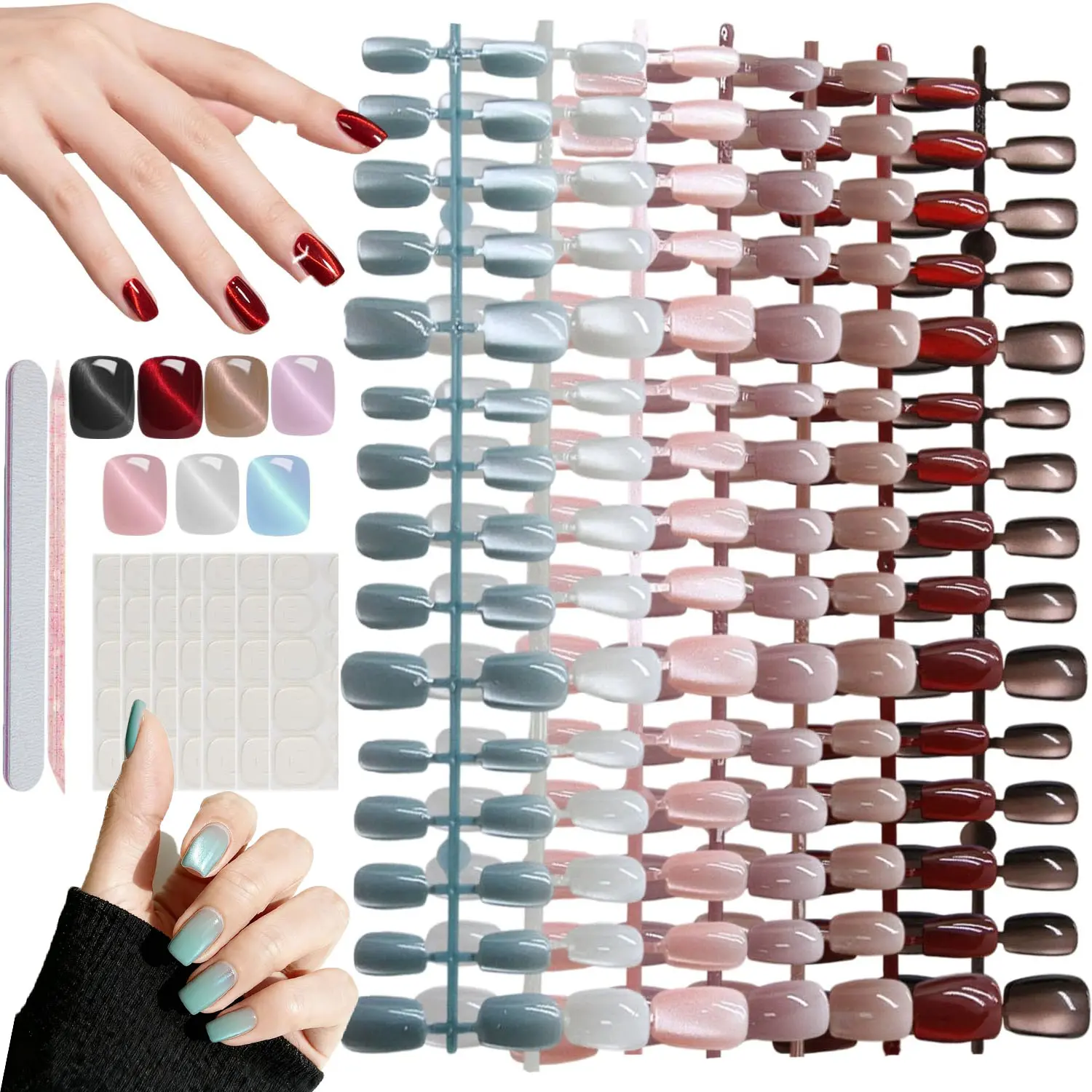 7 Colors Short Square Cat Eye Press On Nails, 210Pcs Reusable Fake Nail Tips with 7Pcs Glue Stickers, Fashion Salon Grade Manicure, Suitable for Most Nail Sizes for Women Girls Daily Wear Parties Dates Holidays