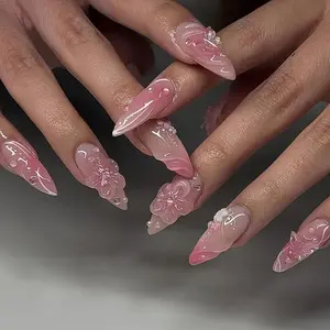 24 Pcs Almond Shape Nail Tips, 3D Cherry Blossom Design, Pearl & Ribbon Decor, Glossy False Nails, Reusable, Spring Style, Free Jelly Glue & File