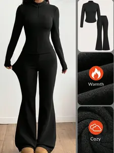 Women's Fall Winter Streetwear Casual Sporty Basic Knit Fleece Pullover High Neck Long Sleeve T-Shirt and Bell Bottoms Two-Piece Set