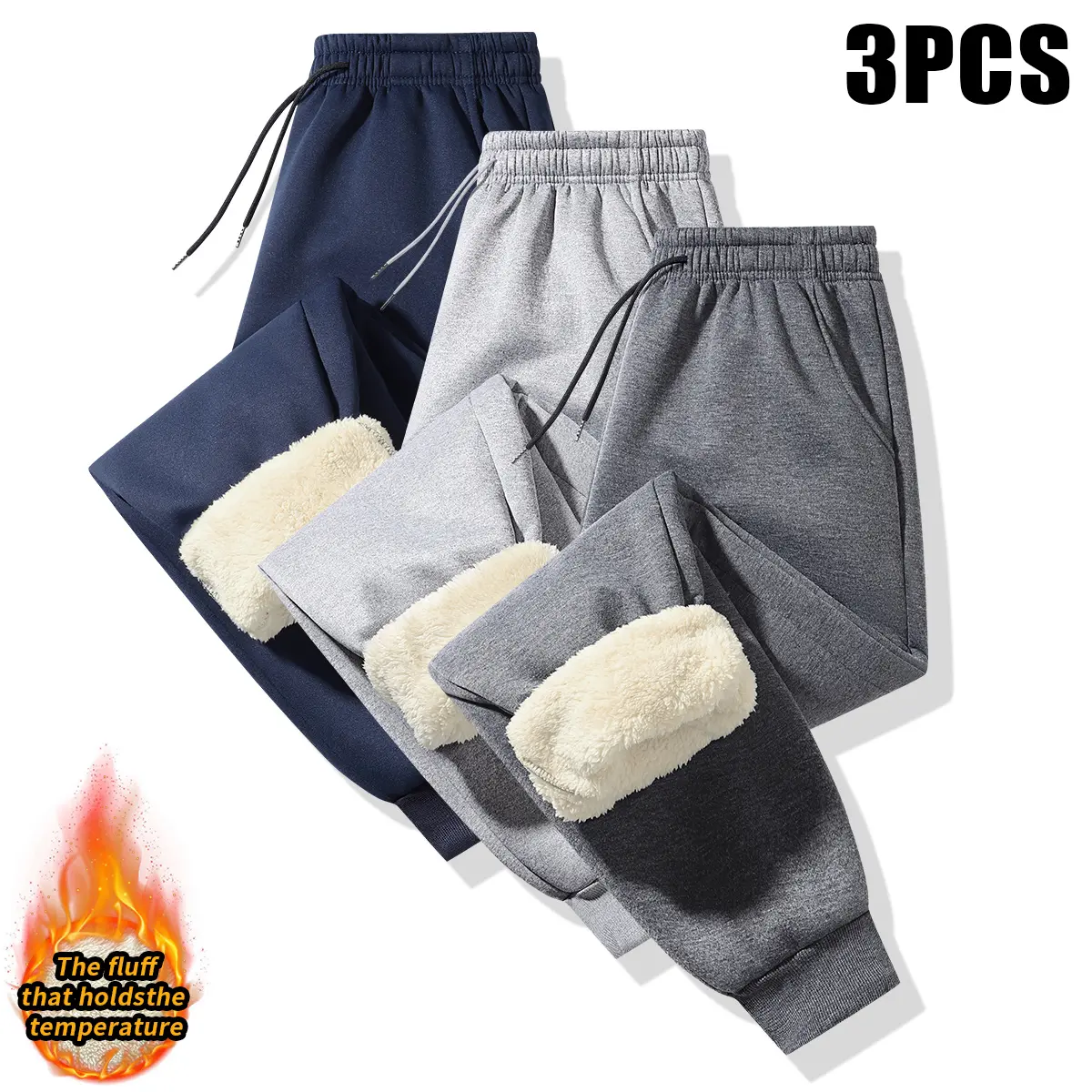 Men's 3-Pack Regular Fit Solid Color Drawstring Waist Activewear Sports Bottoms - Thick Fleece Sherpa Lined Essential Sweatpants, Casual Street-Style Warm Pants for Autumn Winter, Drawstring Waist Sweatpants, Activewear Men's Sports Sweatpants