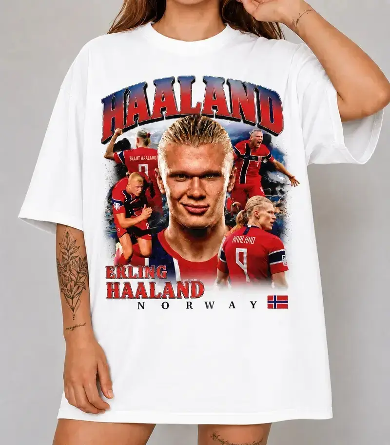 Erlingg Haalandd Shirt Vintage Graphic Tee, Norway Soccer Shirt, Football Fan T-Shirt, Retro Bootleg Oversized Unisex Shirt, Soccer Gift, Full Color, For Men, For Women, Casual, Classic Fashion, Tee Print