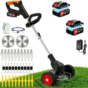 Electric Weed Wacker Cordless Eater No String Trimmer  , 3 In 1 Lightweight Grass Trimmer/Brush /Lawn Edger with Wheels,Metal &Charger, Stringless Weed Trimmer for Garden Yard