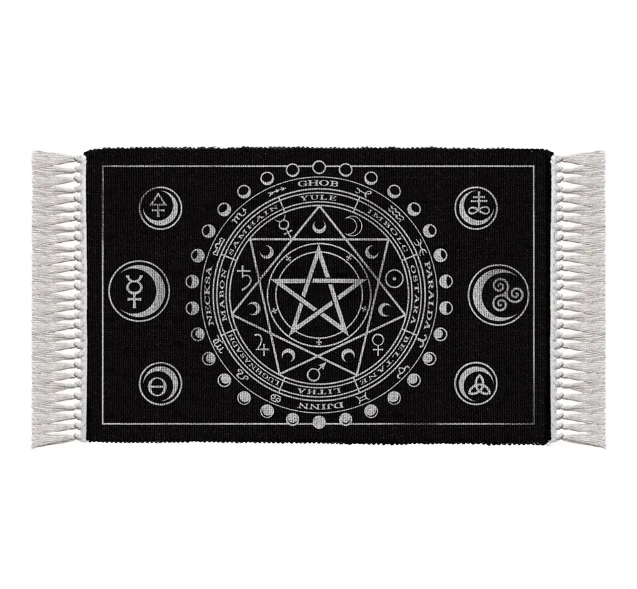Handwoven Witchy Tassel Rug - Non-Customised Wiccan Motifs, Elemental Signs, Symbol-Rich Design for Sacred Ceremonial Altar Decor, Home Floor/Walls (20.28"x38.19"x0.20"), Tassels