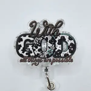 With God All Things Are Possible Western Southwestern Star Confetti Glitter Acrylic Retractable Badge ID Reel Belt or Alligator Clip