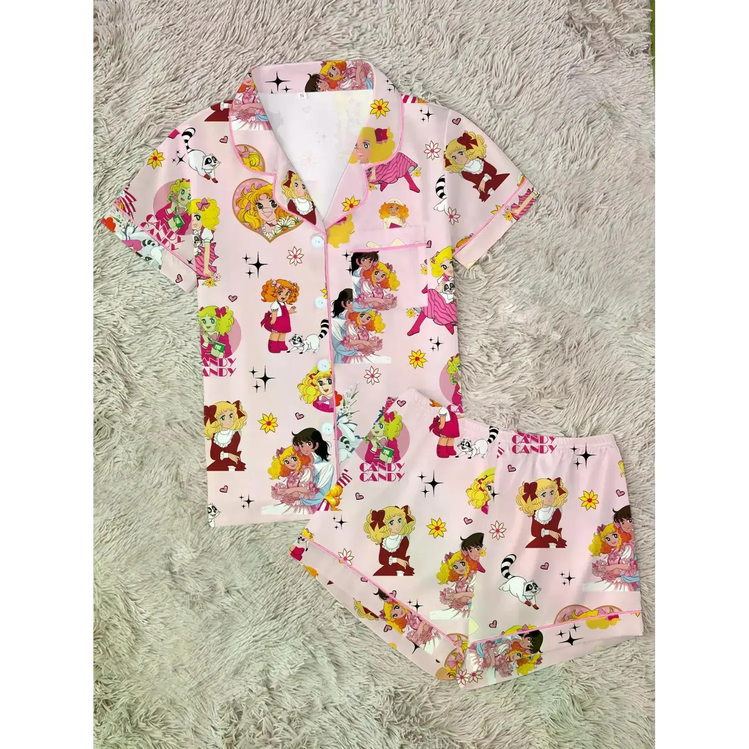 Anime Cartoon Girl Print Women's Pajama Set - Comfortable Short Sleeve Button-Up Top and Elastic Shorts Sleepwear/Homewear