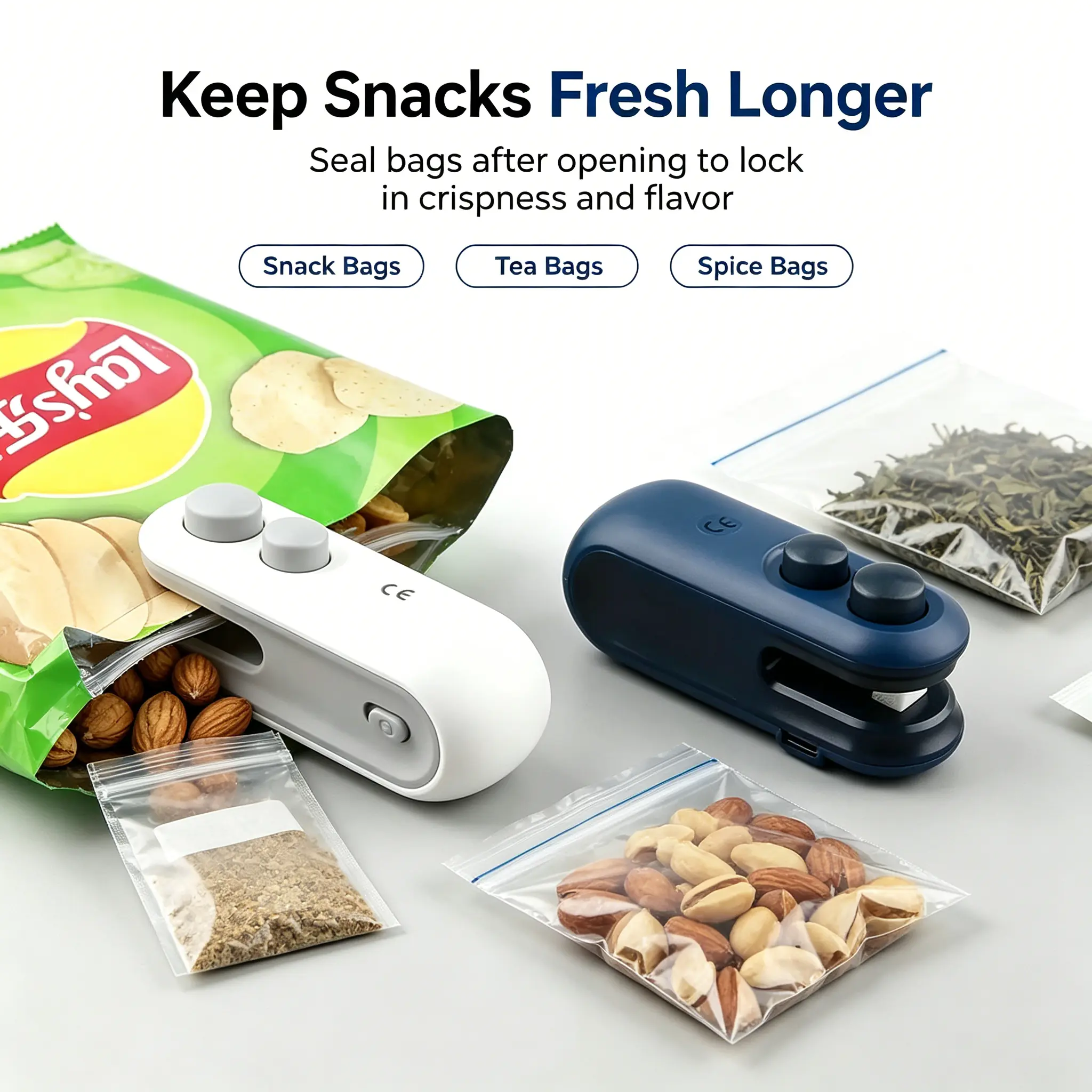 2 In 1 Snack Bag Sealer, Portable Mini Chips Bag Heat Sealer With Hidden Cutting Knife, Magnetic Handheld Mini Bag Resealer For Plastic Snack Chips Food Storage Kitchen Gadget