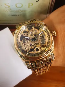 1pc Luxury Royal Vintage Square Skeleton Automatic Mechanical Watch for Men Engraved Design Luminous Hands Gold Stainless Steel Strap Business Casual Fashion Mens Watches