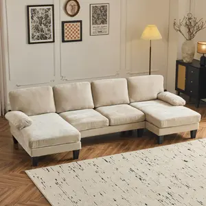 【Two Package】Karl home U-Shape Sectional Sofa Couch 111" Modern 4-Seat Sofa with Chaises Chenille Fabric Upholstered Covertible Couch with Wood Grain Legs for Living Room, Reception Room, Apartment