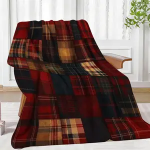 Red Patchwork Plaid Flannel Fleece Blanket,Soft Elastic Breathable Soft Warm Perfect for Sofa, Bed, Travel, Comfortable Napping Throw Blanket, Cozy Fall Bedroom Decor