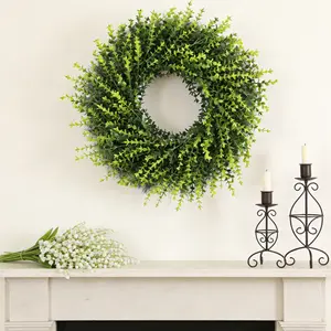 Door wreath, spring and summer synthetic yew moneyleaf wreath, suitable for all four seasons as an outdoor green door decoration, applicable to indoor and outdoor spaces such as porch, living room, windows, walls, etc., farmhouse-style home decoration