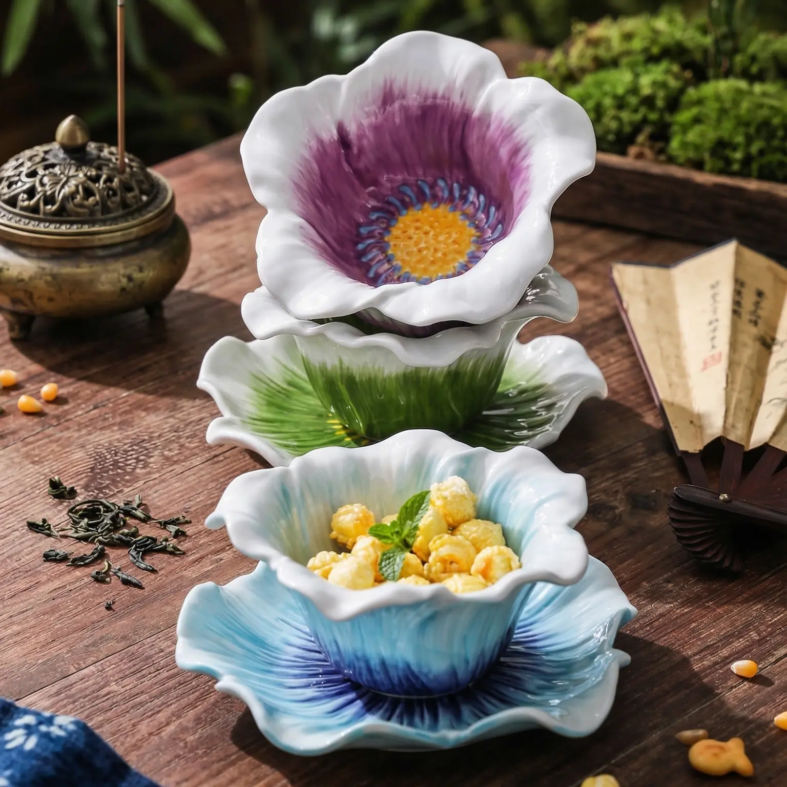 HongDian Magnolia Flower Cup with Saucer,Hand Pinched Hand Painted Porcelain Coffee Tea Cup,6/7 in,220ml 8 oz,Purple Blue Green,SGS Tested Underglaze Fade Resistant,Microwave Dishwasher Oven Sterilizer Safe,Home Gift Party All Ages