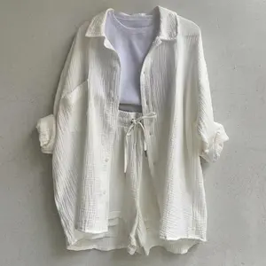 2 Piece Waffle Knit Loungewear Set | Oversized Button Down Shirt + Drawstring Shorts/Includes the top and shorts only; innerwear is not included.