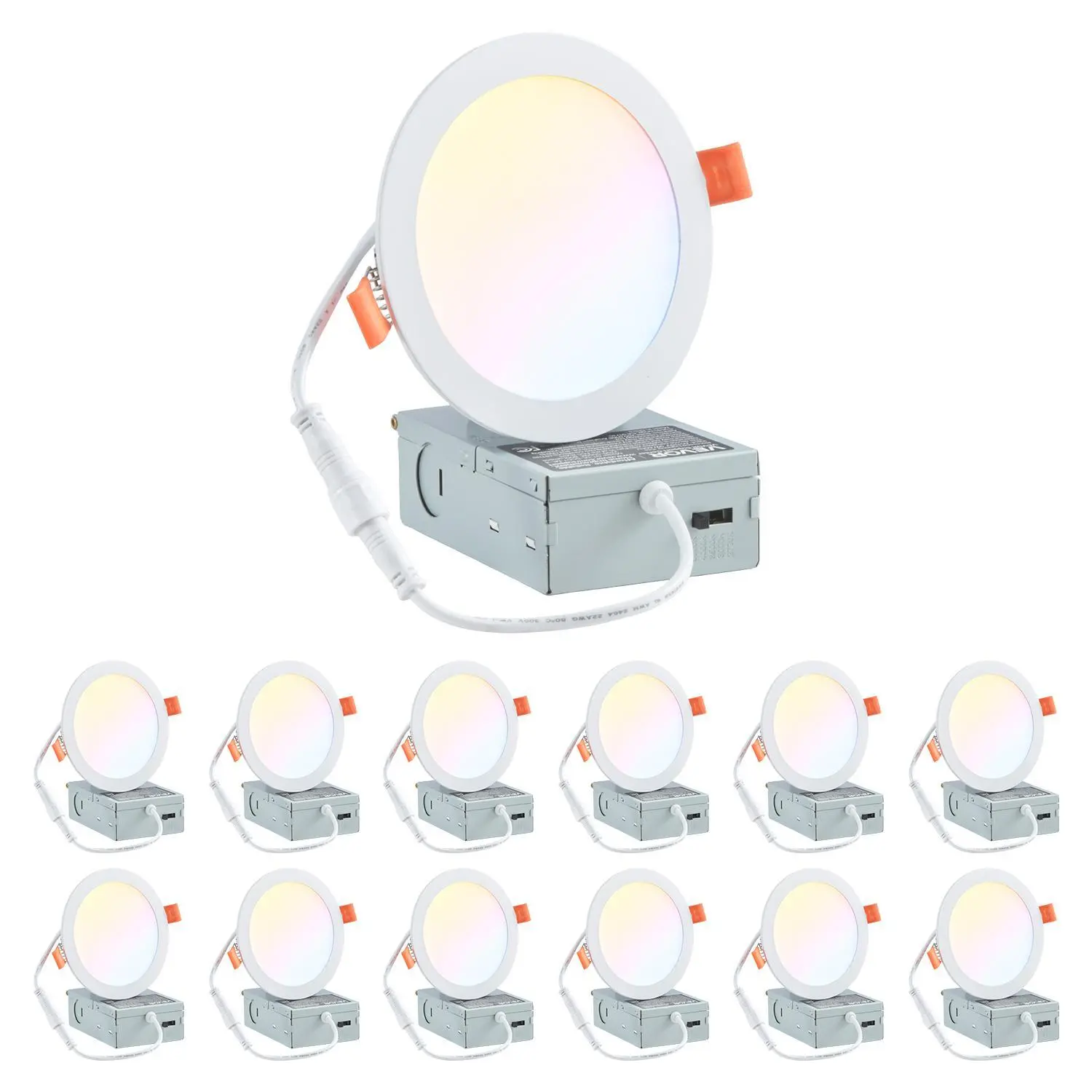 【Summerfinds】VEVOR 12 Pack 6 Inch LED Recessed Ceiling Light 5CCT Canless Wafer Downlight with Junction Box 2700K-5000K Selectable 1100 LM 12W 120V for Indoor Home Lighting