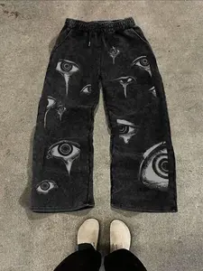 Men's Gothic Print Sweatpants, Punk Subculture Loose Fit, All-Season Casual Pants, Fitted Style, American Gothic Design