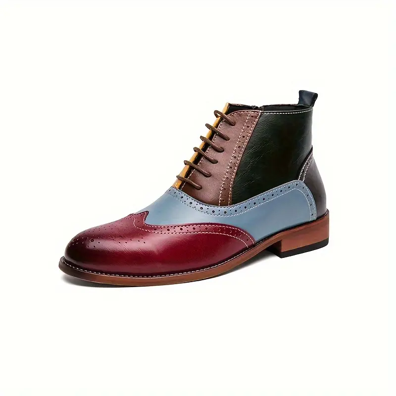 Plus Size Men's Color Block Wingtip Oxford Boots - PU Upper, Cuban Heel, Casual Street & Office Formal Shoes, Comfy Non-Slip Rubber Sole, Lace-Up, Closed Insole Footwear