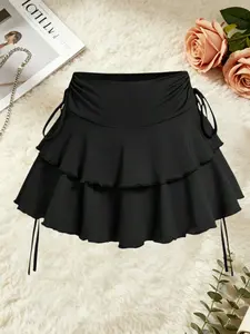Plus Size Sweet & Spicy Drawstring Layered Ruffle Short Skirt, High Waist A-Line Dress, Versatile Casual Half Skirt for All Seasons