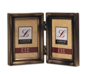 Lawrence Frames 11423D Lawrence Frames Antique Gold Brass Hinged Double 2x3 Picture Frame - Beaded Edge Design