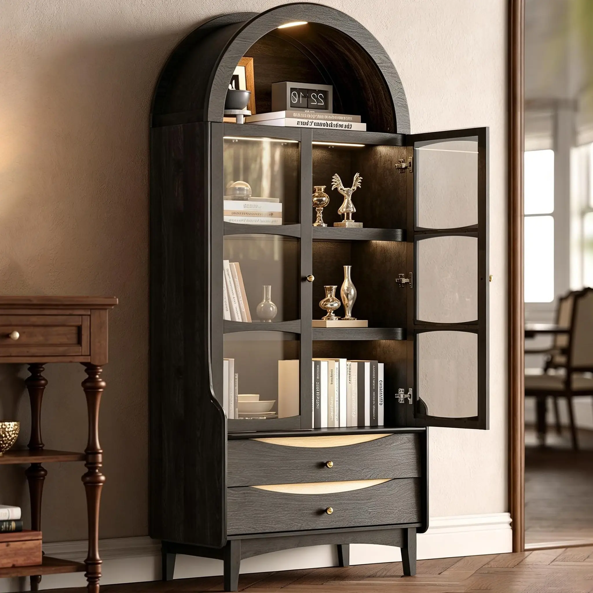 Gyfimoie 74" Tall Arched Bookshelf with LED Lights, 4-Tier Storage Bookshelf with Shelves for Study, Farmhouse Arched Large Bookcase with Glass Doors and Shelves, Wooden Display Cabinet with 2 Drawers for Living Room