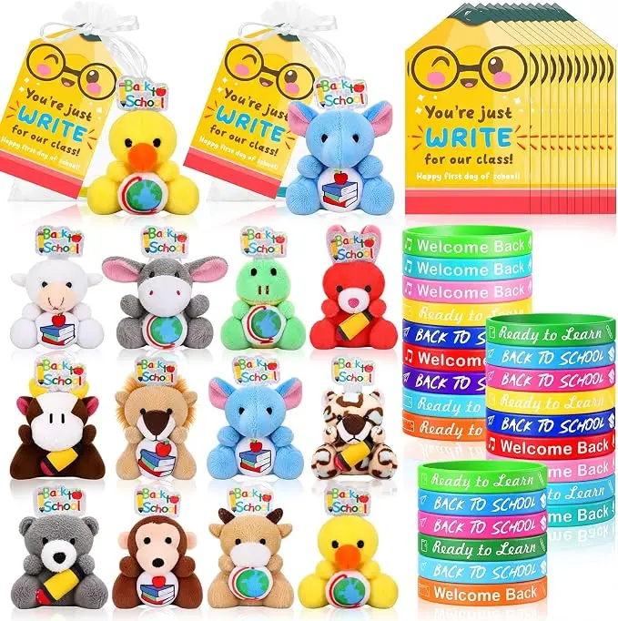 12 Sets Back to School Gifts for Students, First Day of School Classroom Welcome Gifts, Plush Stuffed Animal with Silicone Bracelet, Pencil, Gift Bag & Card, Goodie Bag Fillers, Teacher Student Party Favors