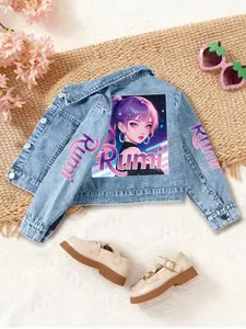 Dreamy Anime Girl Idol Denim Jacket, Back Print Gradient Hair, Starry Eye Glitter, Spring & Fall Casual Outerwear