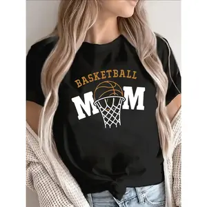 Polyester Basketball Mom T-Shirt for Women, Casual Short Sleeve Tee Sporty Design, Perfect for Game Days and Casual Attire, Lightweight and Durable