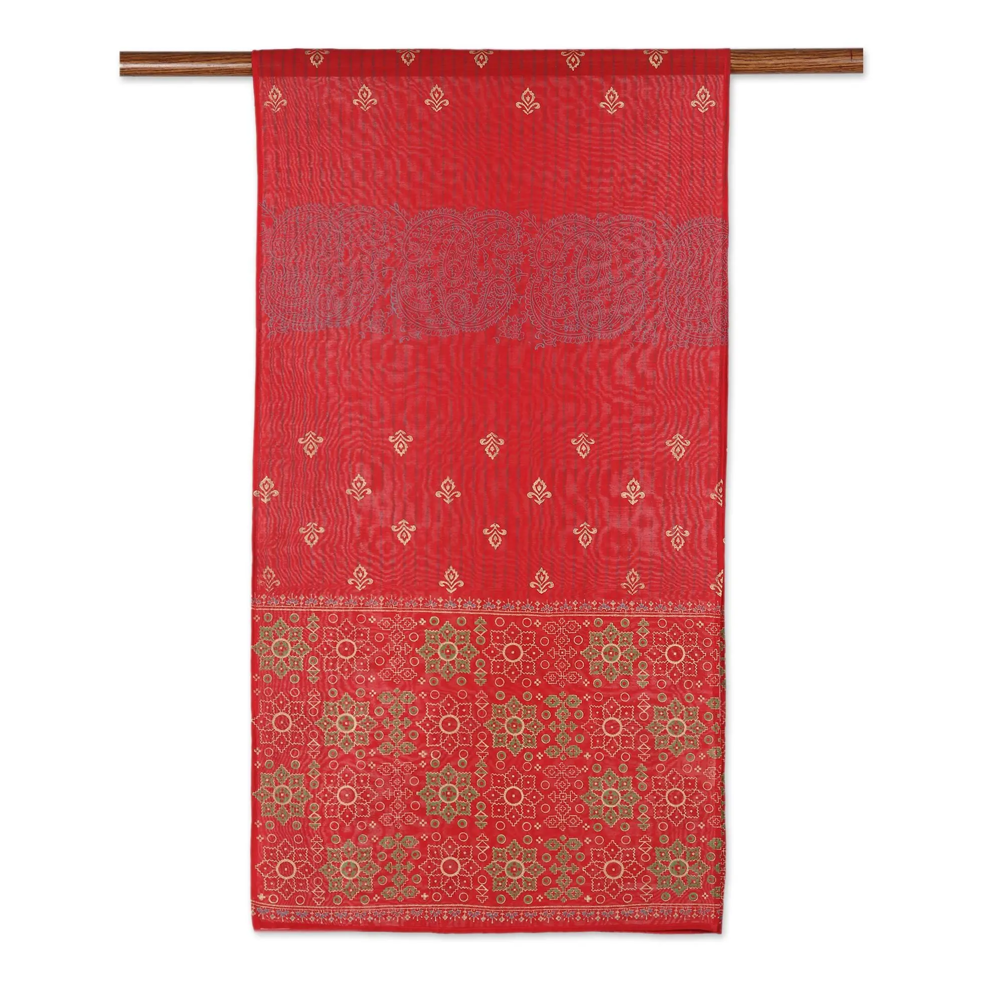 Novica Artisan Handmade Cotton Blend Shawl | Block-Printed Silk From India | Red And Gold Tone Accessories | 'Eternal Flame'