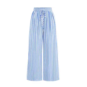 PrettyGarden Women's Pants Elastic Waist Striped Lightweight Palazzo Trousers With Pockets Casual Lounge Wide Leg Bottoms