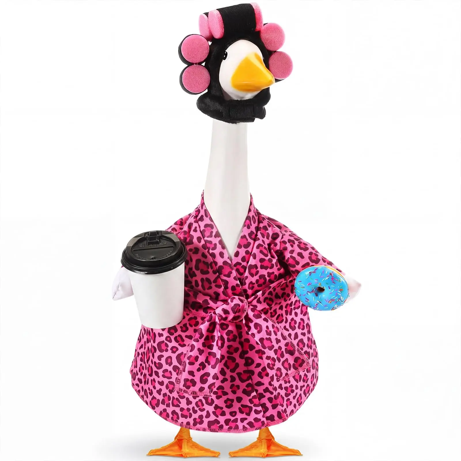Lady Porch Goose Outfit Bathrobe for 23'' Cement Plastic Porch Goose Statue(not included goose), Porch Goose Bathrobe with Coffee Cup & Donut & Curlers Porch Goose Clothes Costume for Outdoor Garden Yard Patio Lawn Porch Decor